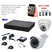 Kit supraveghere video AKU 2 camere SUPER CLEAR AHD 2MP + DVR 4 canale FULL HD 1080P H264, interior exterior carcase metalice cu infrarosu, iesire internet cu vizualizare pe telefon mobil tableta desktop